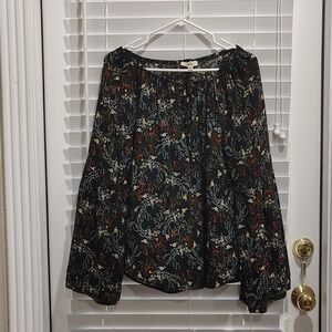 Entro Floral Blouse Womens Large Black Bell Sleeve Boho Cottagecore Prairie